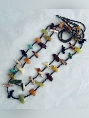 Native American Zuni Navajo Two Strand  Multi-Color Stone Fetish Necklace